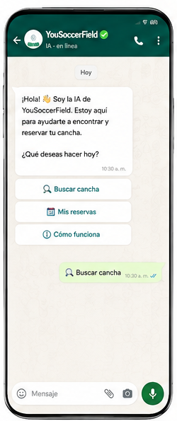 Paso 1: jugador inicia conversación con la IA de YouSoccerField por WhatsApp