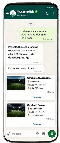 Paso 2: jugador le cuenta a la IA de YouSoccerField cuándo quiere jugar, dónde y para cuántos jugadores