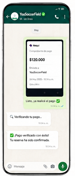 Paso 5: el jugador envía su comprobante y la IA de YouSoccerField valida la información del pago