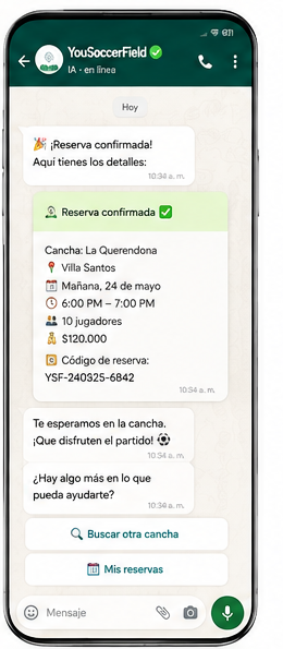 Paso 6: reserva confirmada con todos los detalles del partido