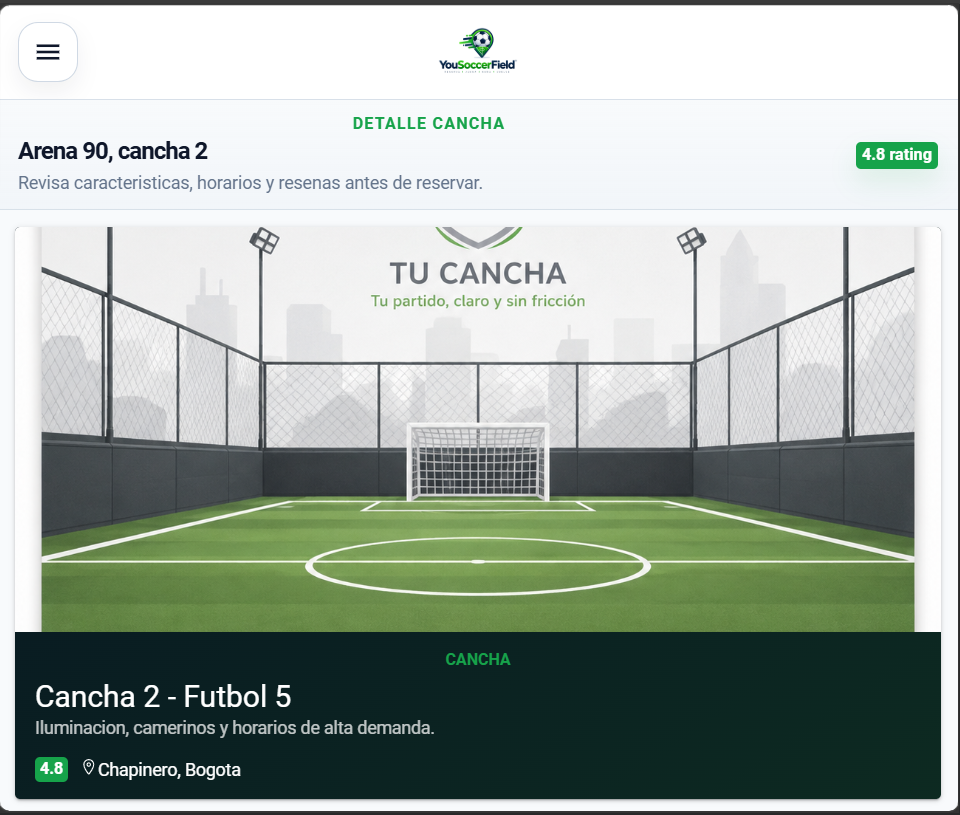 Paso 1 del flujo de reserva en YouSoccerField