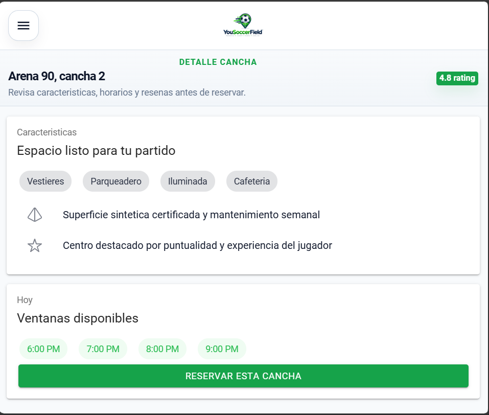 Paso 2 del flujo de reserva en YouSoccerField